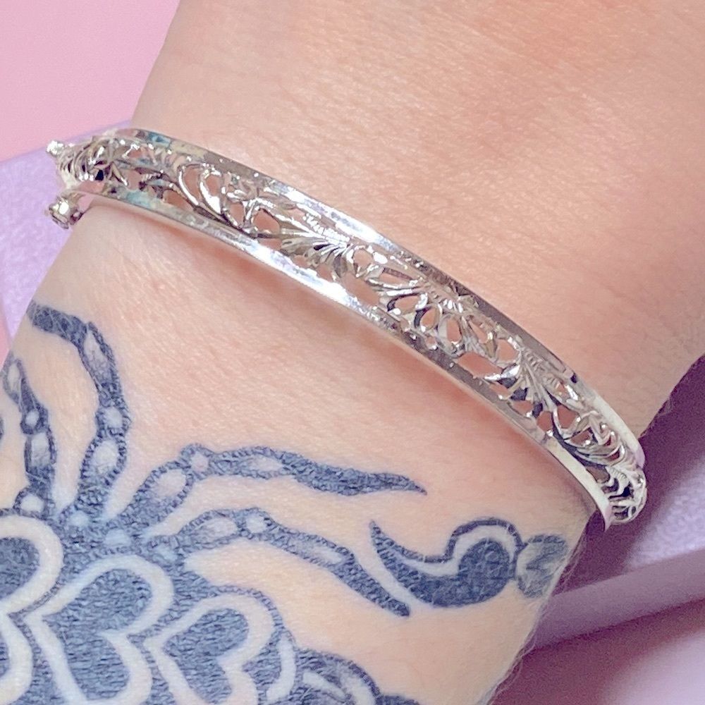 💛 Antique 18k White Gold Art Deco Filigree Bangle Bracelet
